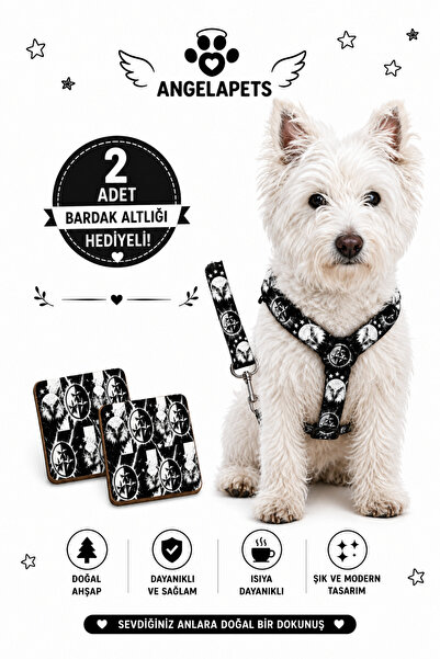 Angelapets Chest Harness and Travel Strap Set with 2 Wooden Coasters as a Gift