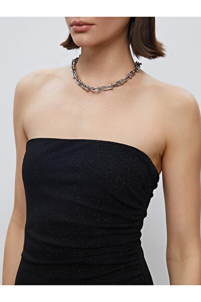 LC Waikiki Siyah Straplez Yaka Simli Büzgülü Bodycon Elbise
