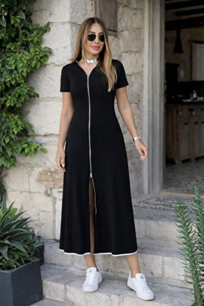 Efnaz style Women's Short Sleeve Open Front Zipper Kiloş Midi Viscose Dress
