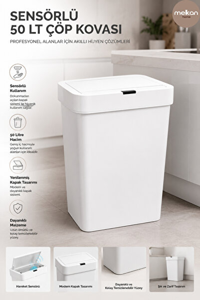 Melkan Home Sensörlü Çöp Kovası 50 Litre – Otomatik Kapaklı Akıllı Atık Kovas...