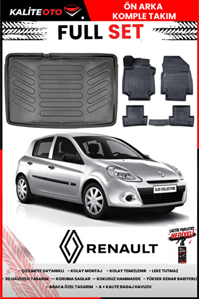ko kaliteoto Renault Clio 3 Kancasız 2008 Model 3D Bagaj Havuzu Ve Paspas Set...