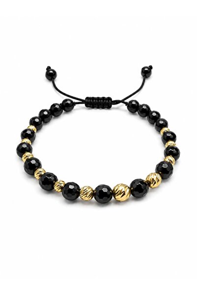 Aur 585 Brățară unisex reglabilă pe șnur negru cu onix și aur galben 14k, 1,30 g