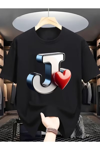 LİNA06 Men's Light Blue T-Shirt with J-Initial Heart Print - Short Sleeve Cre...
