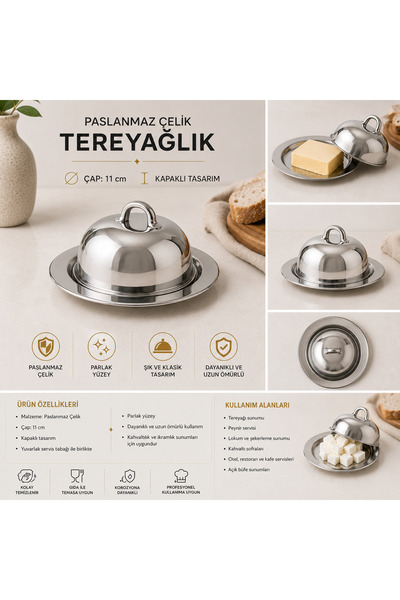 PALU GASTRO Stainless Steel Butter Dish with Lid, 11 cm Round Serving Container