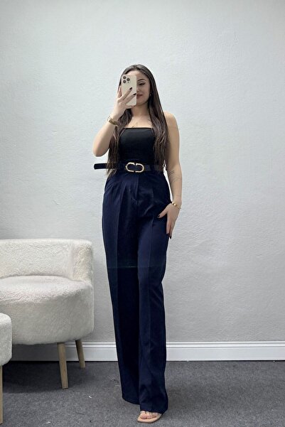 BELENDİR Women's Front Pleated Dabıl Fabric Belted Trousers Navy Blue