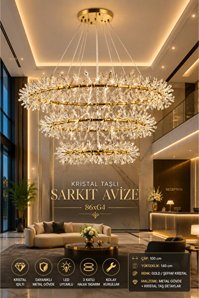 Elvora Home Modern (PREMİUM) Kristal Taşlı Gold Luxury Sarkıt Avize 3 Kat Mod...