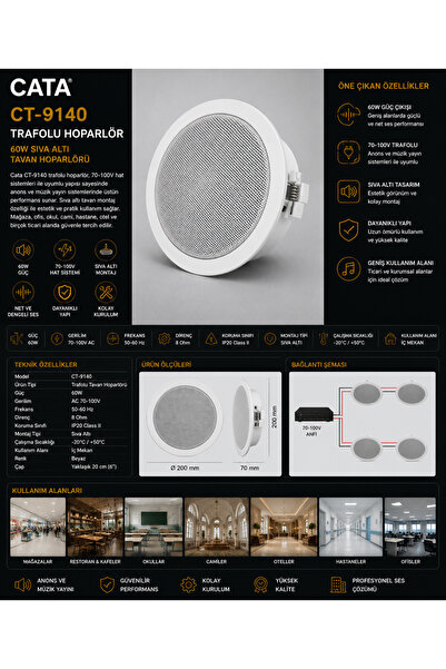 Cata CT-9140 Trafolu Hoparlör 60W Sıva Altı Tavan Hoparlörü 70-100V Anons ve ...