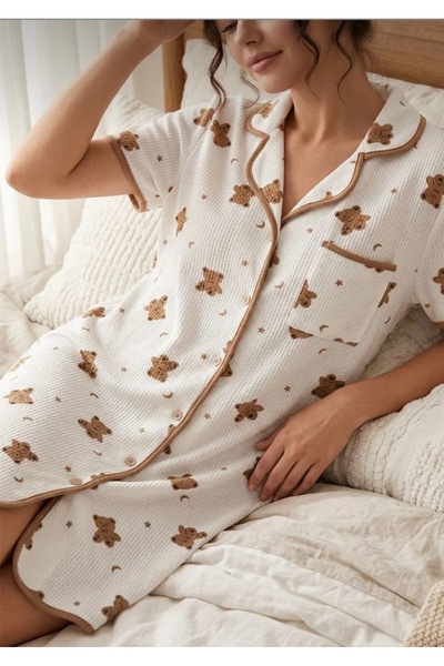 İNKO İÇ GİYİM Teddy Bear Pattern Wrinkled Fabric Buttoned Nightgown Dress