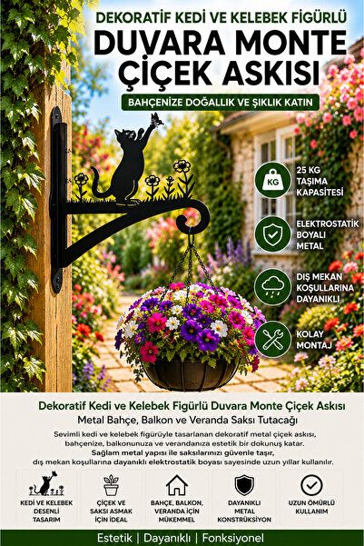 Saklı Home Dekoratif Kedi. Figürlü Metal Duvara Monte Çiçek Askısı | Bahçe, B...