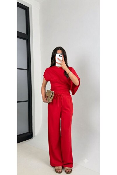 Olbia Women's Red Bat Sleeve Waist-Fitted Comfortable Pants Modal Set