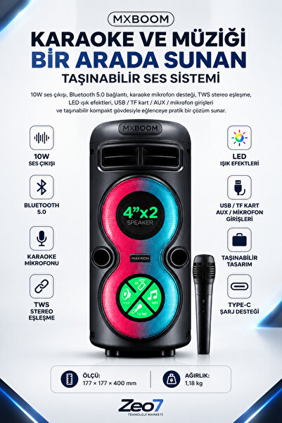Zeo7 Karaoke Mikrofonlu Bluetooth Hoparlör, LED Işıklı TWS Parti Ses Sistemi,...