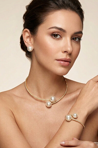 PETEK AKSESUAR Pearl and Stone Choker Necklace Bracelet Earrings Set