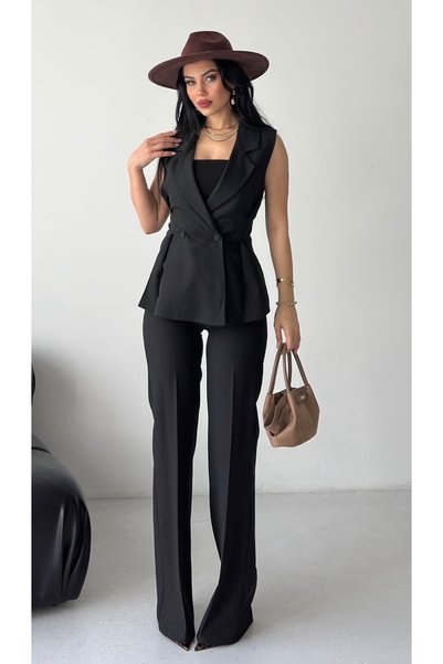 pembekurdelem Women's Fabric Button Detail Vest Trousers Set Black
