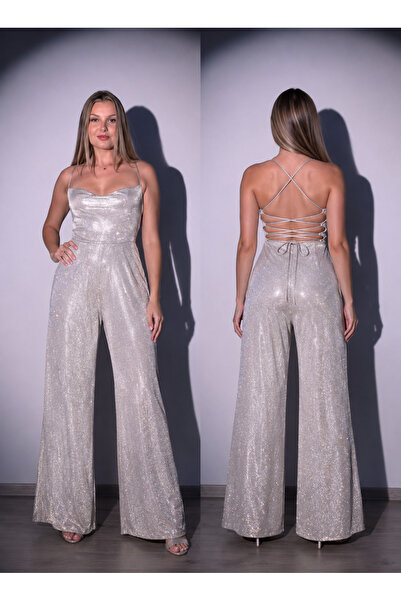 Lolipop Butik Odetta Simli Işıltılı Sırtı İpli Palazzo Kesim Tulum