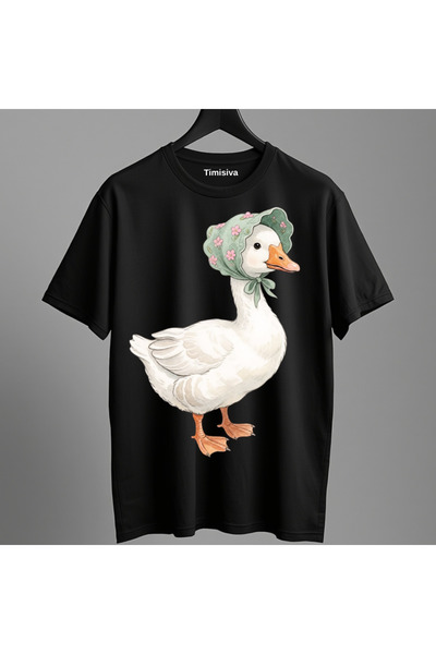 TİMİSİVA Unisex Oversized Printed Crew Neck Short Sleeve Black T-Shirt