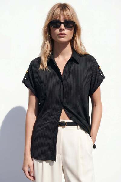 Sateen Stripe Patterned Short Sleeve Shirt - Black