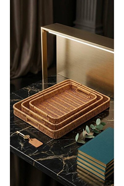 Ogeda Home 3’lü Rattan Dikdörtgen Tepsi Seti – Hasır Servis & Sunum Tepsisi -...