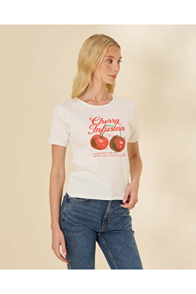 REDTAG Women White Cherry Print Ribbed T-Shirt