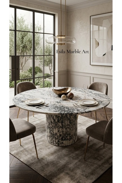 ESİLA MARBLE Lüks Menekşe Mermer Yemek Masası- El yapımı Özel Üretim Masa