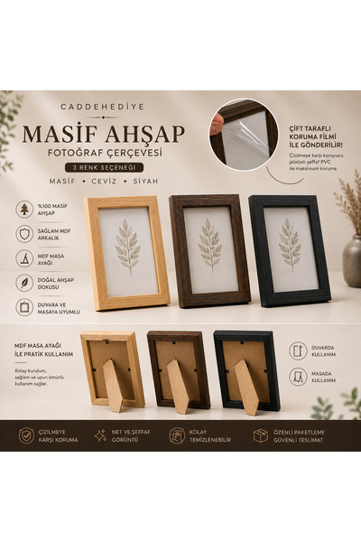 caddehediye Masif Ahşap Fotoğraf Çerçevesi MDF Ayaklı Duvar ve Masaüstü Kulla...