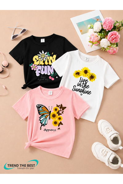 TREND THE BEST Trendin En İyisi Set de tricouri din 3 piese pentru fete, cu i...