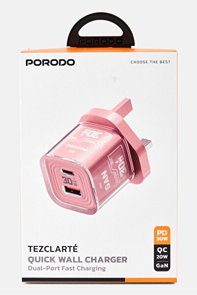 porodo شاحن Tezclarte Pd 30W و USB 3.0 GaN بغطاء شفاف، وردي