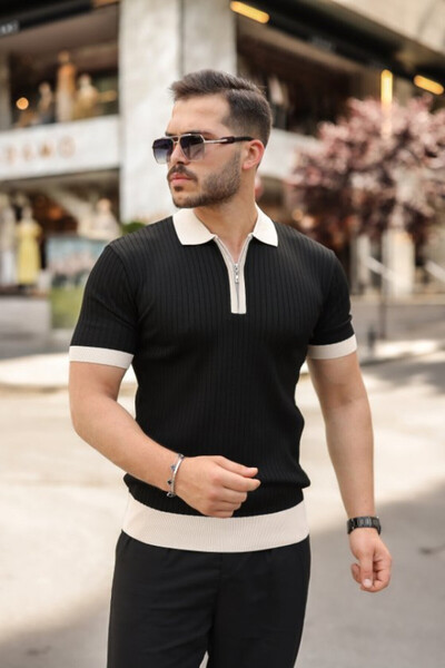 Efnaz style تي شيرت رجالي بياقة وأكمام مزينة بتفاصيل مفصلة وياقة بسحاب ونمط م...