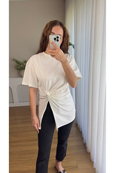 Butikrenginyılmaz Premium Short Sleeve T-Shirt with Knot Detail and Slit