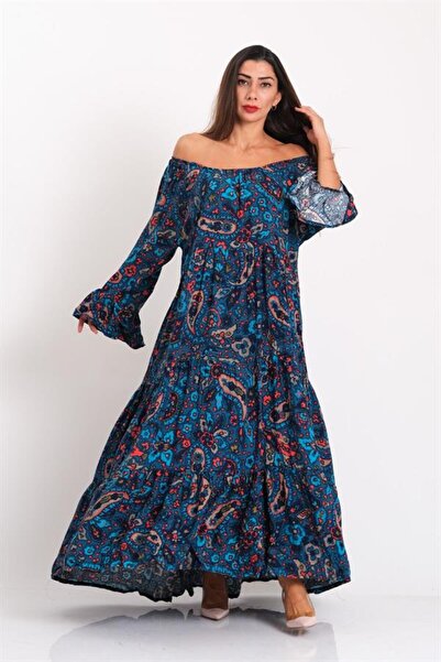 MODANI SEÇ Blue Carmen Collar Shawl Pattern Ruffled Sleeve Skirts Floor-Lengt...