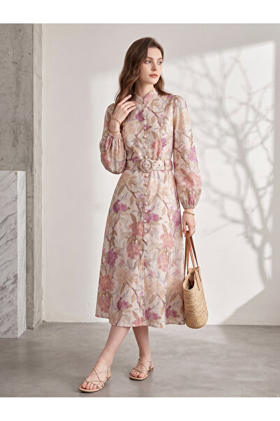 Greneric Floral Print Belted Modest Long Sleeve Midi Dress