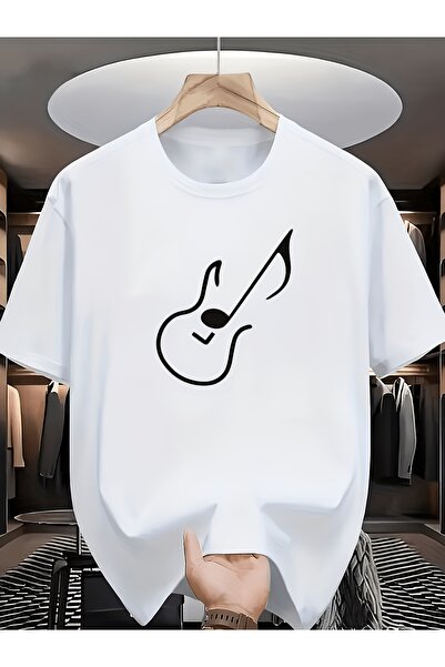 NOURAM Music-Themed T-Shirt with Guitar & Note - Casual Round Neck Short Slee...