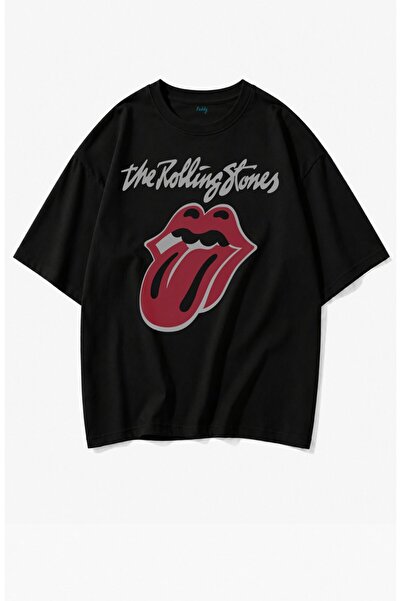 Fuddy Moda Унисекс тениска с принт The Rolling Stones, с кръгло деколте, овър...