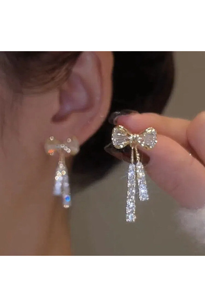 Choice Golden Korean jewelry niche design full diamond bow tie tassel earring...