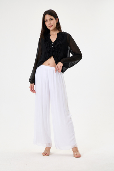 della moor Women's White Italian Elastic Waist Wide Leg Silk Trousers, Sizes ...