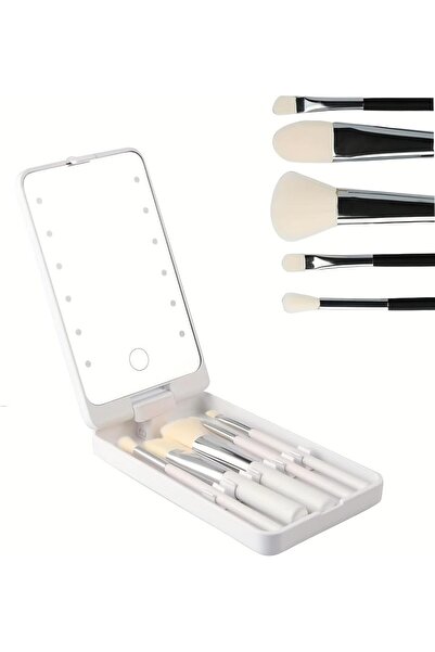 Arabest Portable Makeup Mirror with 5 Brushes LED Rechargeable Travel Case White