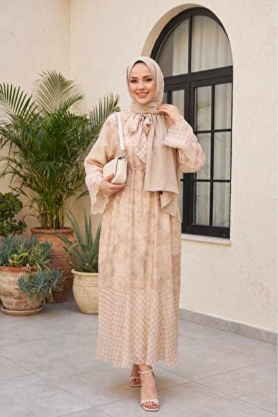 Modamorfo Patterned Lined Chiffon Dress with Tie at the Neck and Waist - Ligh...