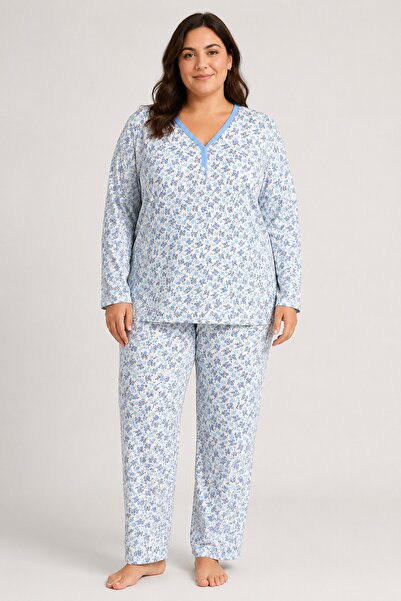 CottonVia Mother's Pajama Set, Ribbed V-Neck, Floral Print, Long Sleeve, 100%...