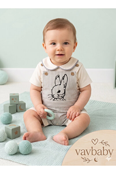 VaVbaby بدلة أطفال للأولاد بتصميم أرنب مخطط وياقة على شكل دمية