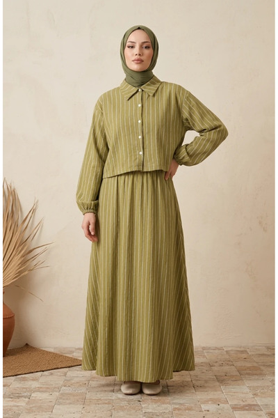 sefamerve Striped Modal Shirt Collar Hijab Double Set 0328-07 Khaki
