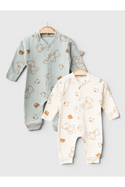 Mou&Kou Set of 2 Teddy Bear Printed Monthly Baby Rompers Without Booties 1-6-...