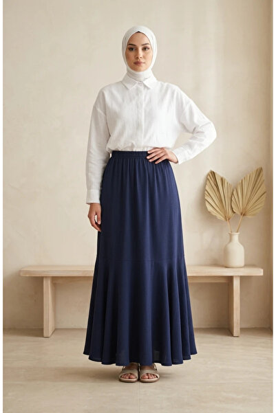 sefamerve Bürümcük Fabric Elastic Waist Gathered Skirt 0561-06 Navy Blue