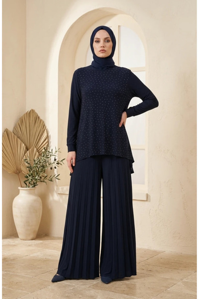 sefamerve Sandy Fabric Blouse Pants Hijab Double Set 5632-01 Navy Blue