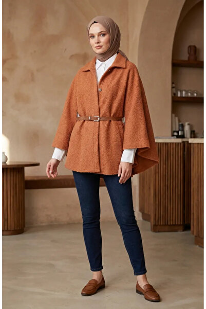 sefamerve Bouquet Fabric Belted Winter Poncho 2233-02 Tile
