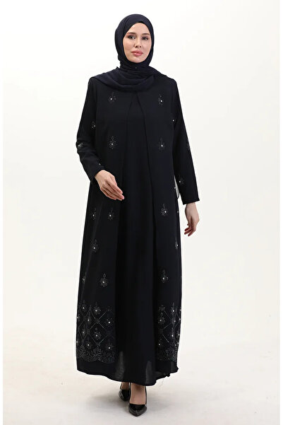 sefamerve Plus size stone print a-line dress 6205-01 navy blue