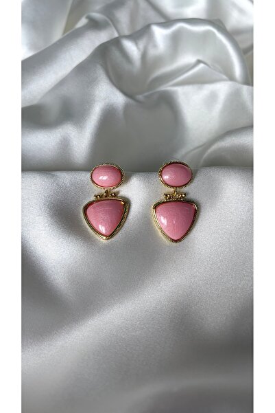 Eylülün Takısı Women's Gold Detailed Pink Color Modern Dangle Earrings