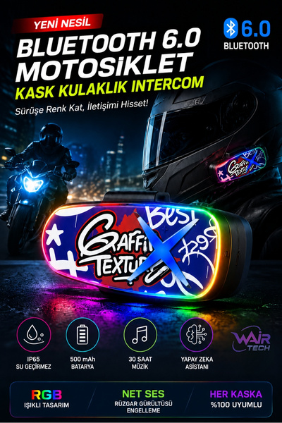 Wair Teknoloji Bluetooth 6.0 RGB Işıklı Motosiklet Kask Kulaklığı Intercom IP...