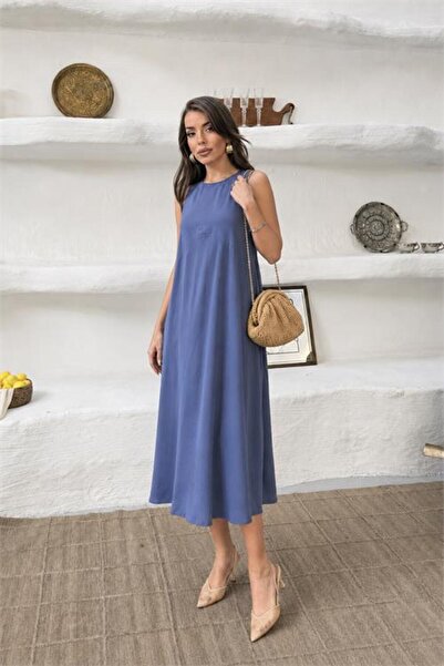 Neşeli Butik Γυναικείο ναυτικό μπλε αμάνικο oversize καλοκαιρινό φόρεμα με λε...