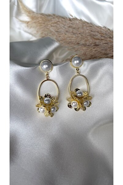 Eylülün Takısı Women's Gold Color Flowered Pearl Dangle Earrings