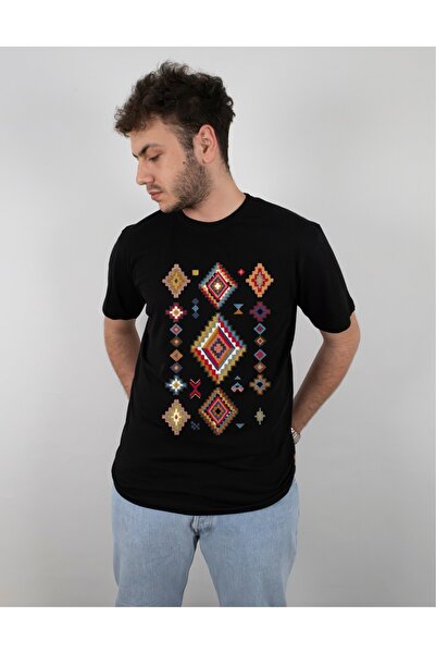 Krays Unisex Carpet Rug Ethnic Pattern Printed Black White T-Shirt 100% Cotto...