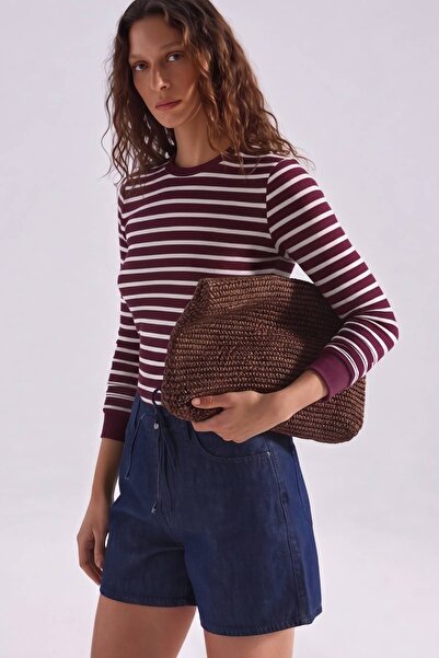 poupee Burgundy Cream Striped Women's Bodysuit, Long Sleeve Striped Crop Body...